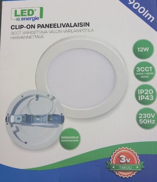 Led Energie Paneelivalaisin CLIP-ON 3CCT DIM 12W, 900lm, 3000-4000-6500K - Image 2