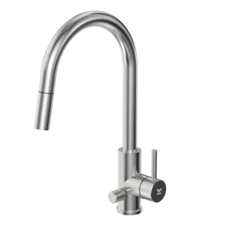 INOX by Tammiholma Q1 keittiöhana C-putkella, APK-liitännällä ja ulosvedettävällä suihkulla harjattu kromi